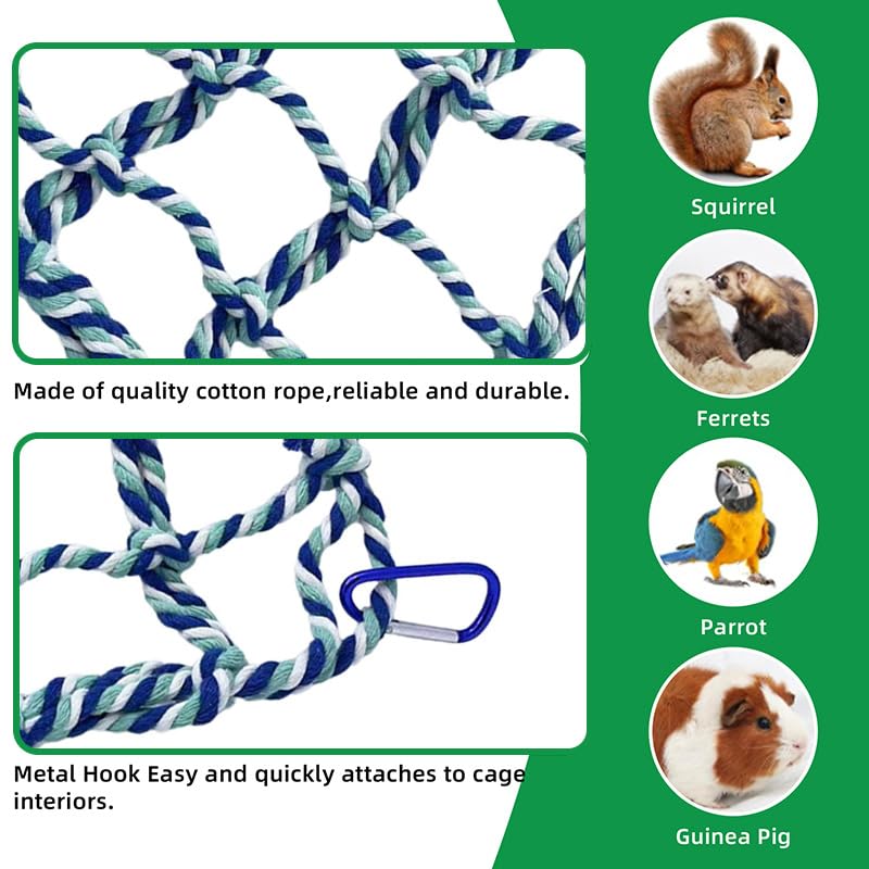 2 Pcs Rat Climbing Ropes for Cage - Rat Accessories - 12.6 x 9.84 inch Hammock - Cotton Rope Bridge - Bird Ladder with 4 Silver Hooks (Blue) - color: blue