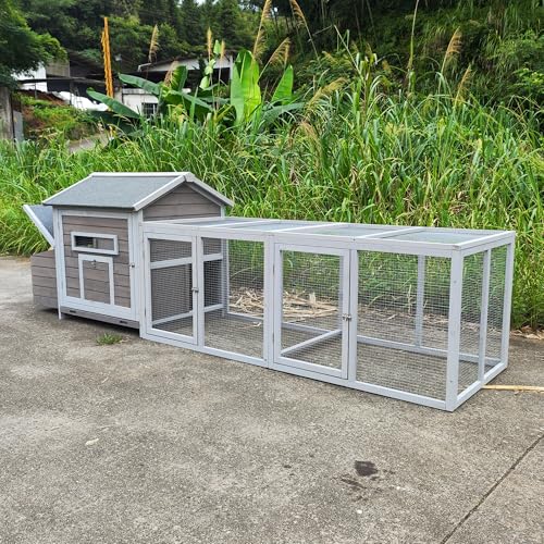 YOPTO Wooden Chicken Coop, 114 in, Outdoor Run, Gray | Solid wood, Asphalt roof, Outdoor run, 2-compartment nesting box, Pull-out tray, Ventilated design - size: 118.0"L x 27.6"W x 36.6"H