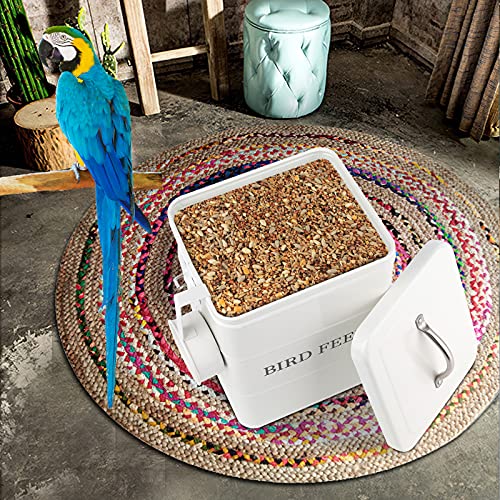 Pet Food Storage Tin with Lid, Metal Bird Seed and Feed Container with Serving Scoop, Treats Storage Canister Bin Can for Dogs, Cats Food, Coated Carbon Steel, Tight Fitting Lid, White, 5-6 Lbs