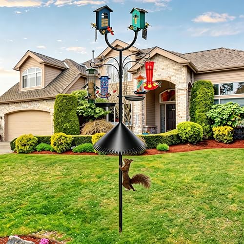 Squirrel Proof Bird Feeder Pole, Dual U-Shape 92" Adjustable Heavy Duty Stand, Multi-Purpose Outdoor Bird Feeding Station & Yard Decor, Includes Hooks, Trays, Baffle & Base