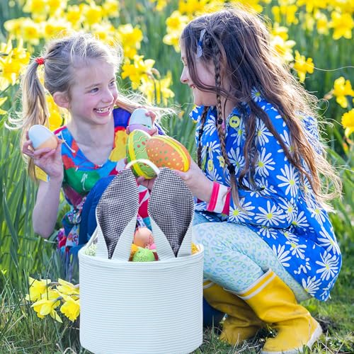 Easter Basket Seersucker Egg Hunt Bunny Baskets for Kids with Cute Rabbit Ears Stripe Storage Gifts Candies Personalized Easter Party Gifts… - color: Seersuck blue2