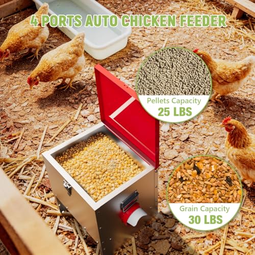 30LB Automatic Chicken Feeder, No-Waste Metal Poultry Feeder with 4 Ports, Predator-Proof Latch & Weatherproof Design, Includes Anti-Tip Ground Stakes & Vegetable Hanging Feeder - size: 30LB-4 Ports