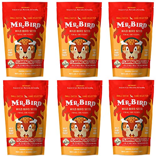 Mr. Bird Flaming Hot Feast Spicy Wild Bird Seed, 6-Pack, 4lb Resealable Bag | Spicy Bird Seed for Outside Feeders | Premium Blend of Mealworms, Peanuts, Hot Pepper | Keeps Squirrels Away | Loose Seed Bag - size: 4 Pound (Pack of 6)