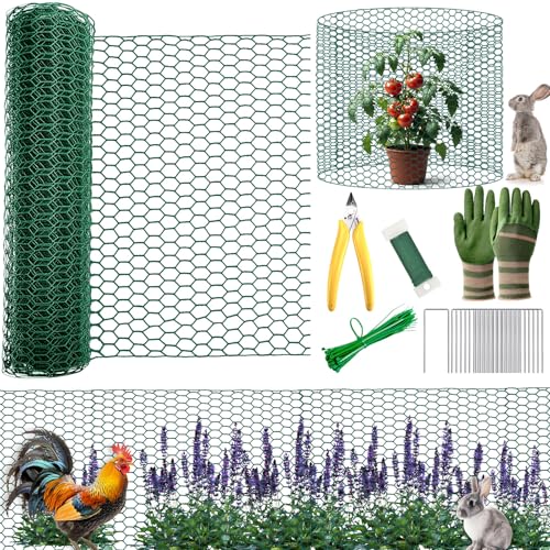 All-in-One 200 Inch Plant Protectors from Animals Kit - 0.85mm Heavy Duty Chicken Wire Cloche,Free-Cut Wire Mesh Roll Includes Pliers, Gloves, Ties, Stakes for Custom Outdoor Cages (12 * 200 Inch) - size: 12*200 Inch