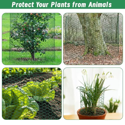 Plant Protectors from Animals, 16.4 x 16In Green PVC Coated Galvanized Chicken Wire Mesh Roll, 0.8mm Free-Cut Plant Cage with Ties, Stakes, Gloves, Pliers & Floral Wire (33Ft*20In) - size: 33Ft*20In