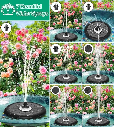 SZMP Powerful 5W Solar Powered Water Fountain for Bird Bath, Upgraded Glass Panel with Colorful Light Show, 7 Nozzles, Anti-Drift Fixer, 2000mAh Battery