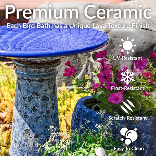 Sunnydaze Outdoor Ceramic Bird Bath, 22.5” H, Glazed Bowl, Blue Lava Finish | 2-Piece Birdbath, 6 Cup Water Capacity, UV & Frost-Resistant, Easy Assembly, Shallow Bird Bath Bowl with Pedestal for Garden - style: Blue Glazed with Lava Distressed Pedestal