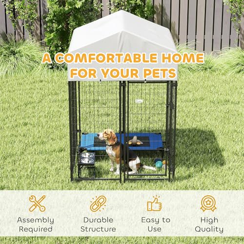 PawHut Outdoor Dog Kennel with Roof, 4' x 4' x 6' Heavy Duty Welded Wire Dog Playpen Enclosure with Escape-Proof Lock, UV-Resistant & Waterproof Cover, for Medium Dogs, Chickens, Ducks, Silver | Heavy Duty Welded Wire Dog Playpen Enclosure, Escape-proof L
