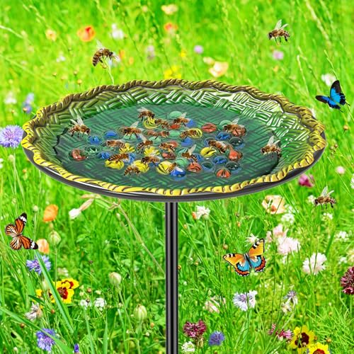 Bee Butterflies Watering Station, Standing Bee Feeder with Glass Marbles for Outside, Bee Bath Feeder with Metal Stakes Butterfly Puddler Garden Yard Déco (Green) - color: Green