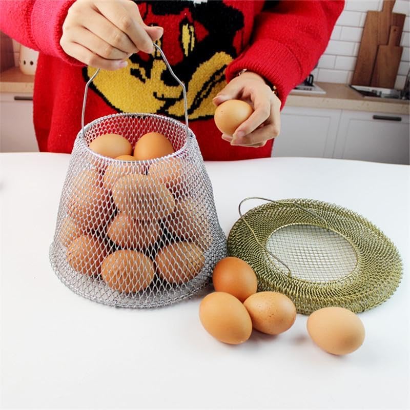 Collapsible Round Egg Basket - Metal Wire Storage with Handles, Perfect for Hanging & Family Farm Gathering - Gloden Basket for Chicken Farm, Holds 25 eggs, Small