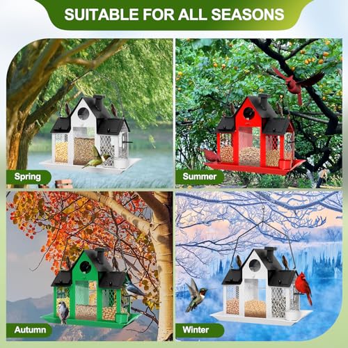 Solar Bird Feeders House for Outdoors Hanging, 7LBS Large Capacity Metal Wild Bird Feeder Squirrel Proof for Outside with Water Cup, Cardinal Birdfeeder Birdhouses Gift for Bird Lovers (Green) | Green,Wild Metal Bird Feeder,7LBS Large Capacity with Water