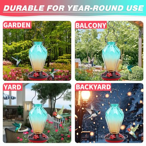 Glass Hummingbird Feeder for Outdoors Hanging, 25Oz Humming Bird Nectar Feeder, Perch, 5 Flower Feeding Ports, Leak Proof Base, Hook for Outside Garden Backyard, Gift for Women, Diamond Green - color: Diamond Green