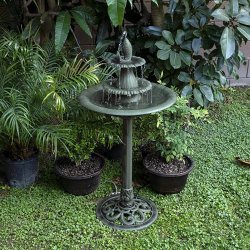Alpine Corporation 40" Tall Outdoor 3 Tier Pedestal Water Fountain with Vintage Birdbath Accent, Garden Decor, Green