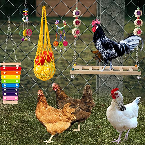 11PCS Chicken Toys for Coop Accessories - Chicken Xylophone Toy, Chicken Mirror, Chicken Ladder Bridge, Coop Swing, Vegetable Hanging Chicken Feeder, Chewing Foraging Toys, Gifts for Hens - size: 11pcs