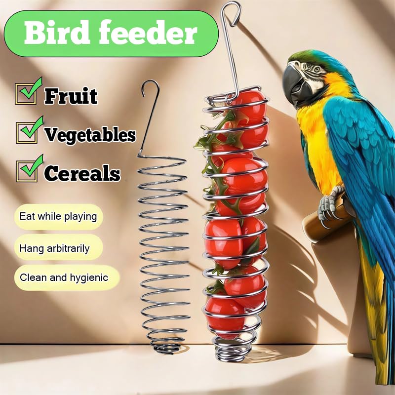 2 Pack Bird Treat Holder for Cage, Stainless Steel Spiral Bird Feeder for Parakeets, Hanging Millet Holder for Fruit, Vegetables and Bird Foraging Toy 6.3 Inch