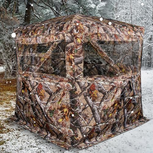 Insulated Hunting Blind for Cold Weather, 300D Oxford Ground Blind with Cotton Layer, 3 See-Through Mesh Windows, Windproof & Warm Hunting Tent for Deer & Turkey Hunting