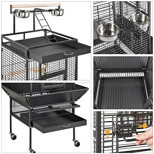 Yaheetech 61" Playtop Parrot Bird Cage with Rolling Stand, Wrought Iron Parrot Cage for Cockatiels Quaker Conure Parakeet Lovebird Finch Canary, Black - color: Black