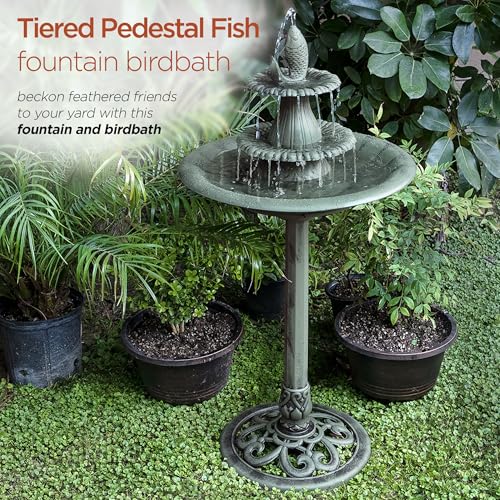 Alpine Corporation 40" Tall Outdoor 3 Tier Pedestal Water Fountain with Vintage Birdbath Accent, Garden Decor, Green