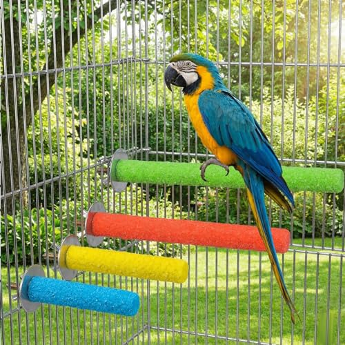 4 Pcs Bird Perch Stand Toy, Random Colorful Wood Parrot Bird Perch Stand Paw Grinding Stick, Birds Cage Accessories for Budgies, Parakeet, Cockatiel, Lorikeet, Conure