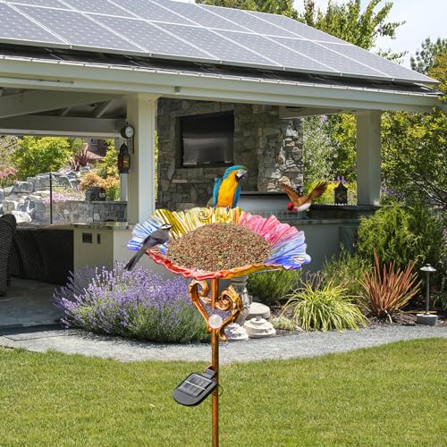 Garden Decor Gifts Solar Glass Blue Bird Bath Yard Art Garden Outdoor Birdbath with Metal Stake with White LED Light Metal Stake Garden for Women - color: Multicolor