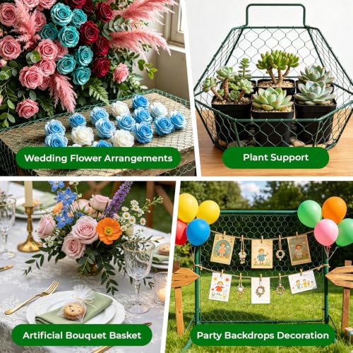 Chicken Wire for Floral Arrangements, Green Flower Mesh Netting | 15.7 x 394 inch, PVC Coated, Poultry Garden Fence Mesh, w/Zip Ties Pliers Gloves, Plant Protectors from Animals, DIY Crafts - size: 15.7 x 394 inch