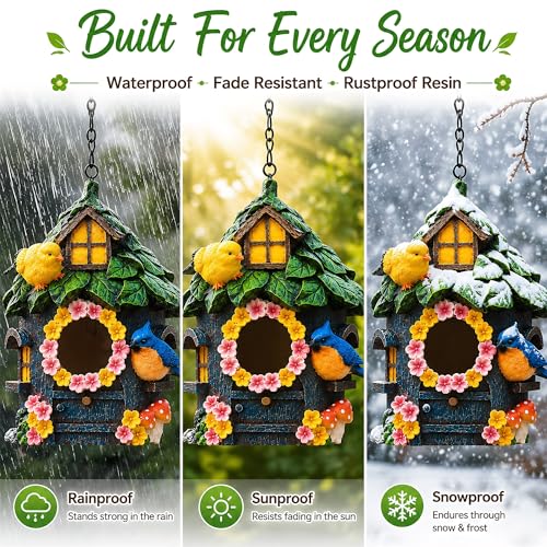 Bird Houses for Outside, Resin Hanging Birdhouse for Outdoors, Hand-Painted Waterproof Wild Bird Nesting Box for Wren Finch Chickadee, Garden Patio Yard Decorative