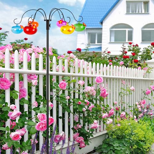 Liitrton Glass Hummingbird Feeders with Shepherds Hook for Outdoors | Hanging 6 Hand-Blow Glass Hummingbird Feeder Balls, Adjustable Hight Bird Feeder Pole for Outside Garden Decor