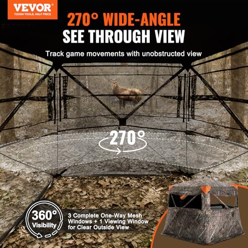VEVOR Hunting Blind，See Through Ground Blinds with Carrying Bag, 360 Degree Portable Camouflage Tent，Durable Concealed Shelter with Silent Side Door and Window, for Turkey and Deer - size: 4-5 Person（270°See Through) (H-69''）