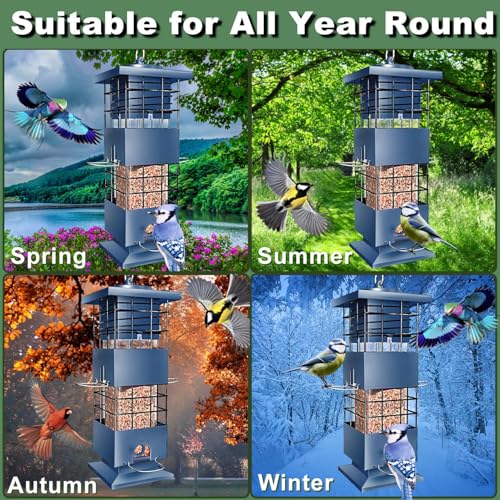 Squirrel Proof Bird Feeder,3.5Lbs Metal,4 Hanging Ports for Cardinal Finch | Weight-Activated Shutoff Blocks Squirrels & Pigeons.Chew-Proof Build For All Weather.Large Capacity,Fast Refilling & Cleaning - color: Blue