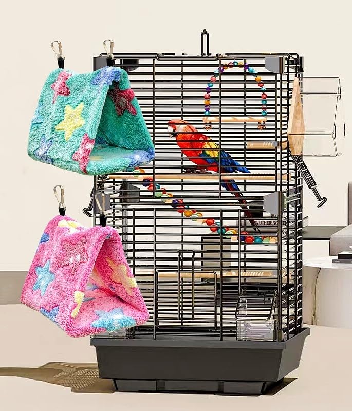 2 Pack Warm Bird Nest Plush Snuggle Bird Hammock Hanging Bird Cave Parrot Sleeping Bed Shed Hut Hanging Tent for Budgies Finch Parakeet Cockatiel Cockatoo Lovebird-Star Pattern (Pink&Green) - color: Pink&Green(Star)