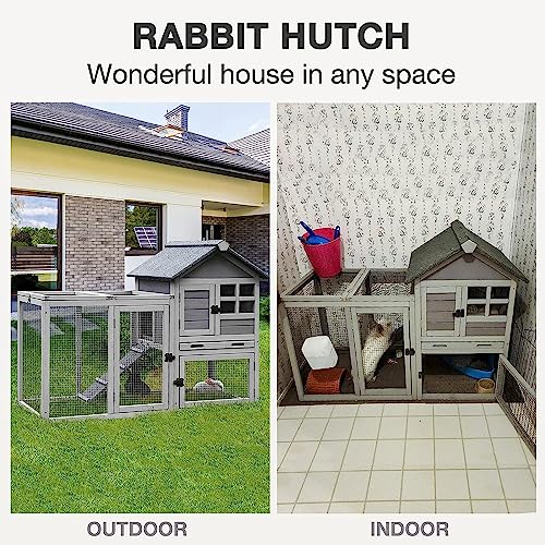 Rabbit Hutch Indoor Outdoor Bunny Cage with 5 Access Doors, Run, Pull-Out Deeper Leakproof Tray and Waterproof Roof - color: Grey
