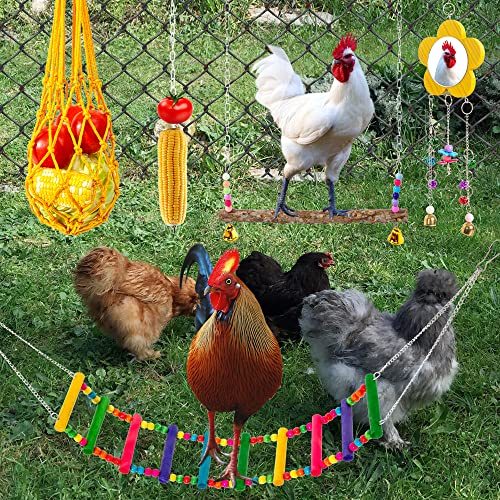 11PCS Chicken Toys for Coop Accessories - Chicken Xylophone Toy, Chicken Mirror, Chicken Ladder Bridge, Coop Swing, Vegetable Hanging Chicken Feeder, Chewing Foraging Toys, Gifts for Hens - size: 11pcs