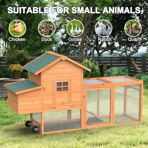 GOJOOASIS Portable Chicken Coop with Wheels & Handrail, Weatherproof Wooden Hen House, Removable Tray & Nesting Box, Ideal for Chickens, Ducks, Rabbits & Small Animals (80" Asphalt Top with Wheel)