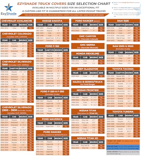 EzyShade Truck Cover Waterproof All Weather. See Truck Size-Chart. Size T1 | Multi-Layer Full Outdoor Pickup Truck Covers. Rain Sun Snow UV Dust Protection. Ranger, Frontier, Tacoma - See Size Chart - color: Reflective, size: T1 - see Vehicle Size Chart