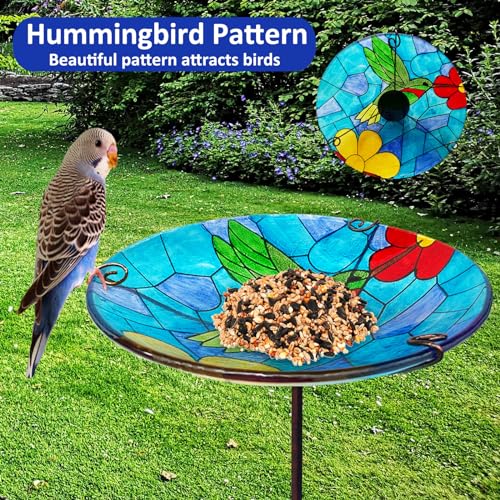 Glass Bird Bath for Outdoor, Birdbath Garden Décorations-Hummingbird Blue | Bird Bath, Birdbaths for Outside Bird Feeders with Metal Stake, Hummingbird Standing Small Bird Baths Bowl - color: Standing Hummingbird Blue