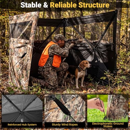 Goplus 4-Panel Hunting Blind, 3-Person See-Through Ground Blind Tent with Silent Windows, Dog Doors, Carrying Bag, Portable Resilient Field Camouflage Concealed Shelter for Duck Waterfowl Hunting