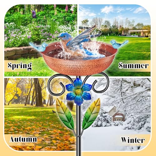 Metal Bird Bath for Outside, Vintage Freestanding Birdbaths & Birdfeeder Combo with Rust-Resistant Stake, Bird Baths Feeder Bowl for Outdoors Garden Patio Yard Lawn Decor - style: Brown+Flower
