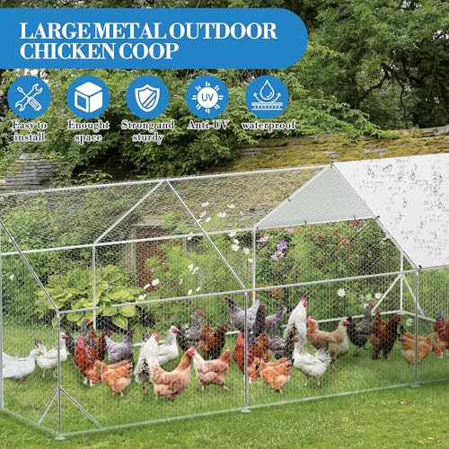 GarveeTech 6.5FT Walk in Chicken Coop Metal, Large Chicken Run with Triangular Brackets, Waterproof & Anti-UV Cover, Poultry Cage for Duck Goose Rabbit, Hen House for Yard Backyard Farm, 6.6' h - size: 9.8' x 19.7' x 6.6'