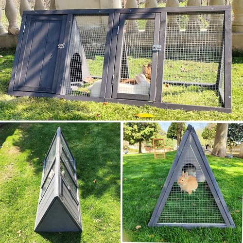 Rabbit Hutch Outdoor Chicken Coop Wooden A-Frame Small Animal Cage Quail Cage w/Chicken Run & Ventilated Wire Fence Suitable for Garden Backyard Farms 47 x 18 x 19.5 in (Grey) - color: Grey