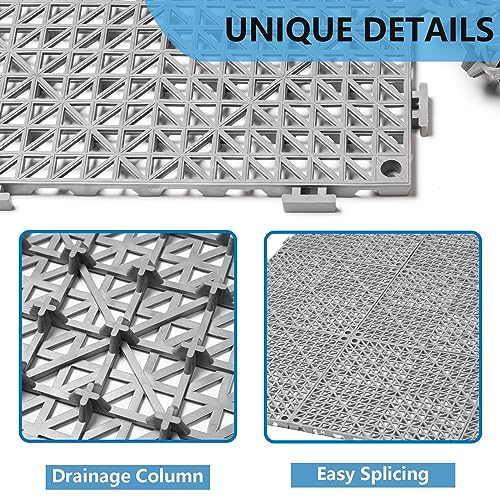 12” x 12” Drainage Interlocking Floor Mats 8 Pack for Outdoor and Indoor | Non-Slip Pool Deck Drain Mats Soft PVC Splicing Modular Cushion Rubber Flooring Tiles with Holes for Basement Garage Shed - size: Grey