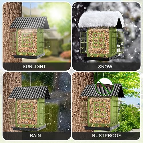 FlowaFoli Bird Feeders for Outdoors Hanging, Metal Bird Feeder with Double Suet Cage Cake, Large Capacity, Birdfeeders Sturdy & Weatherproof, Easy to Clean & Refill, Great for Attracting Wild Birds - color: Green