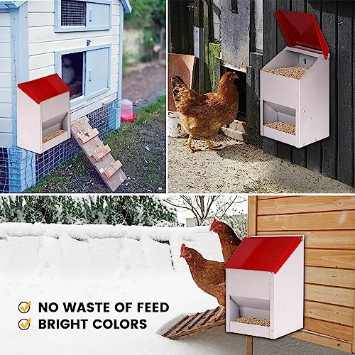 Galvanized Wall Mount Chicken Feeder No Waste Hanging Chicken Feeder with Lid Weatherproof Metal Automatic Poultry Feeder Trough Food Dispenser for Outside Coop (10 lbs)