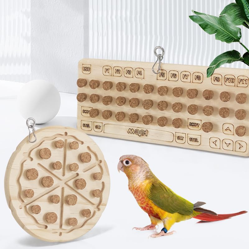 LOS ANDES Parrot Chew Toy with Soft Corks, Wooden Biting Training Toy and Foraging Bird Toys,Bird Cage Accessories, Parakeet Toys - size: Pizza