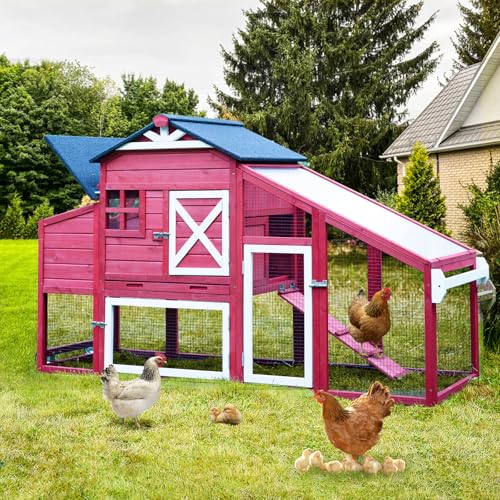 AIVITUVIN Chicken Coop with Nesting Box Mobile Chicken House on Wheels for 2-4 Chickens Rabbit Hutch Pull-Out Tray Wooden Poultry Cage Red - color: Red