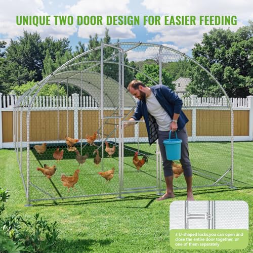 Large Metal Chicken Coop Runs for Yard with Cover, 10x26x6.5 | Perch Bars, Split Doors, Waterproof Covers, Mesh Wire - color: Round Top, size: 315.0"L x 118.1"W x 78.7"H