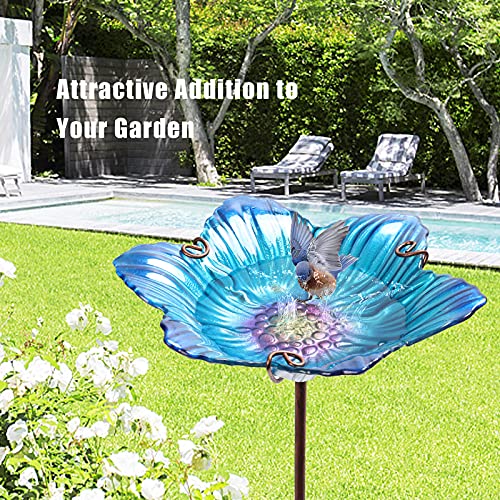 26" Glass Bird Bath, Outdoor Birdbath Bird Feeder Blue Flower Metal Stake | Bird Bath for Outside with Stable Metal Stake, Attracts Birds for Bathing and Adds Elegant Outdoor Garden Decor - color: Blue