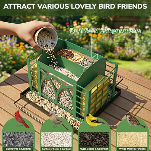 Bird Feeders for Outdoors Hanging, Metal Bird Feeder with Double Suet Cage Weatherproof Metal Roof, 3.5Lbs Large Capacity Great for Attracting Finch Cardinal Chickadee Wild Birds, Branch Green - color: Branch Green