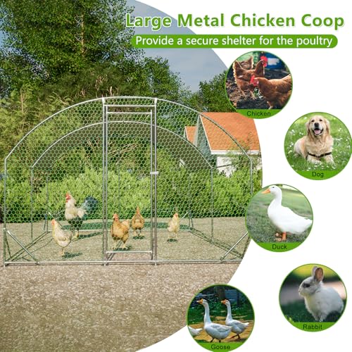 Large Metal Chicken Coop, Dome Walk-in Chicken Run with Waterproof UV-Resistant Cover for Outdoor Yard & Farm, Poultry Cage Pen for Chickens, Ducks & Rabbits, 13.1 FT x 9.8 FT x 6.6 FT, Silver - size: 13.1 FT x 9.8 FT x 6.6 FT