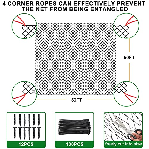 BSTPCOO Nylon Bird Netting 50'x50 Hawk Net to Protect Chickens, 3/4" Mesh | Poultry Netting for Chicken Coop Roof, Trellis Netting for Fruits Trees Plant Against Birds, Deer, Squirrels - size: 50'×50'-3/4''