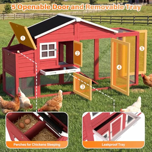 Large Chicken Coop 84.7'' Outdoor Weatherproof Hen House for 4-6 Chickens with Nesting Box, Predator Proof Poultry Cage with Pull Out Tray, Easy Clean & Assemble - color: Red(84.7"L x 27.6"W x 47.4"H)
